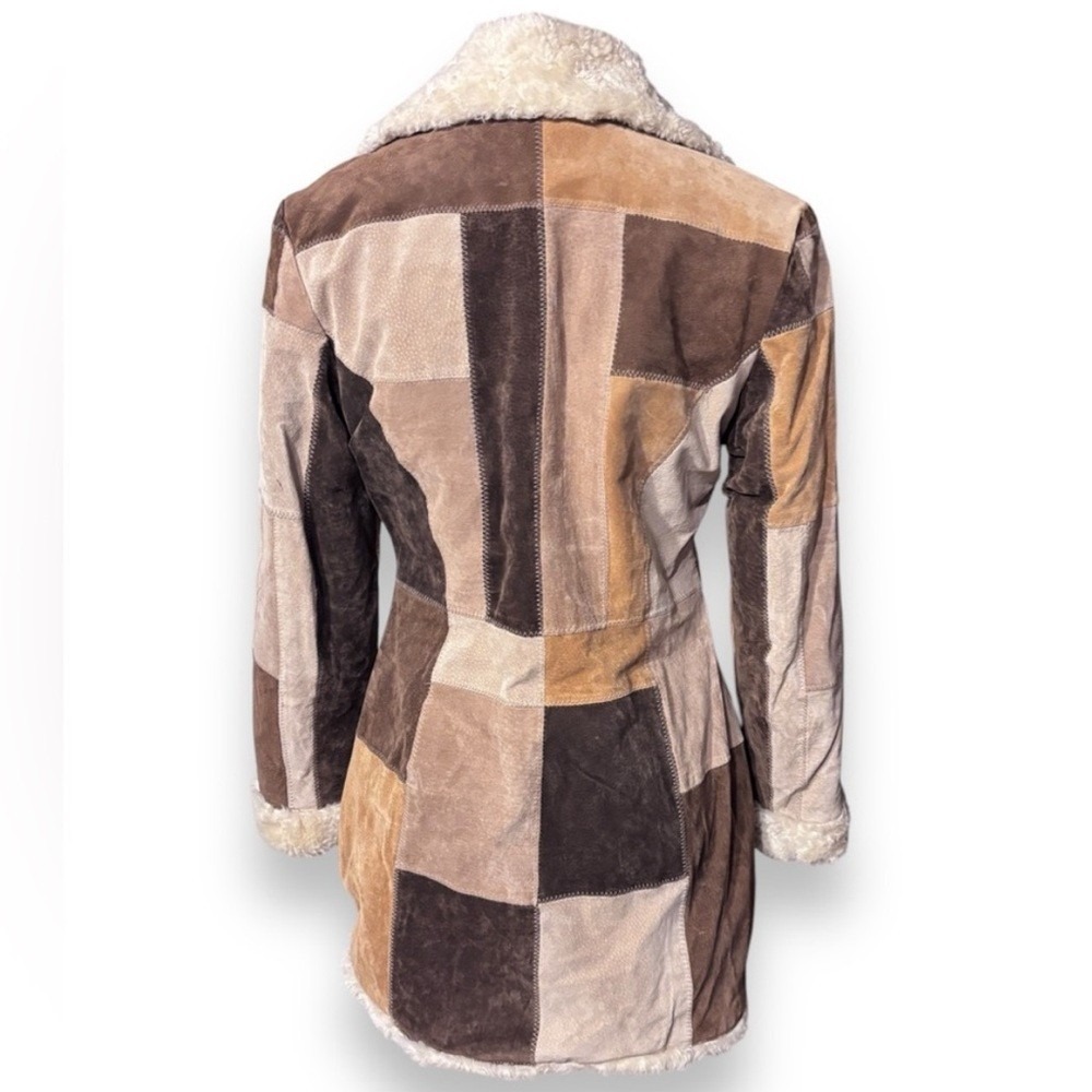 STATIC Patchwork Suede Leather Penny Lane Sherpa Coat Jacket Neutral Brown Tan M - Picture 4 of 8